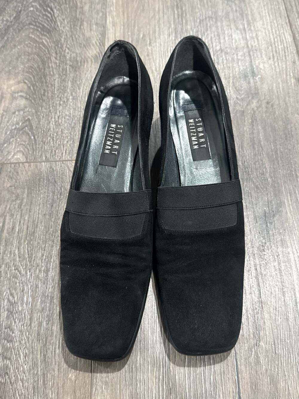 Stuart Weitzman Black Suede Square Toe Block Heel Loafers with Elastic Strap